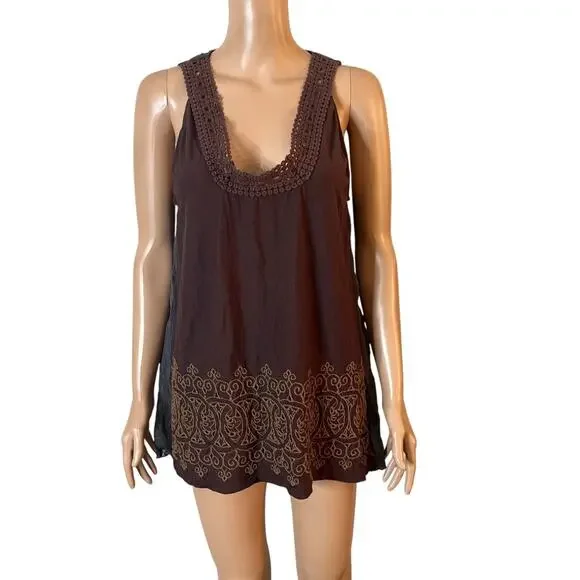 Language Sleeveless Brown Tunic Tank Top Women’s Large Crochet Trim Boho - Picture 3 of 8